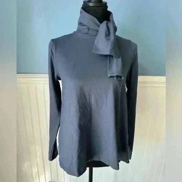 NEW Chic Susana Monaco Tie Neck Long Sleeve Top ~ blue/grey ~ Small - Picture 1 of 5